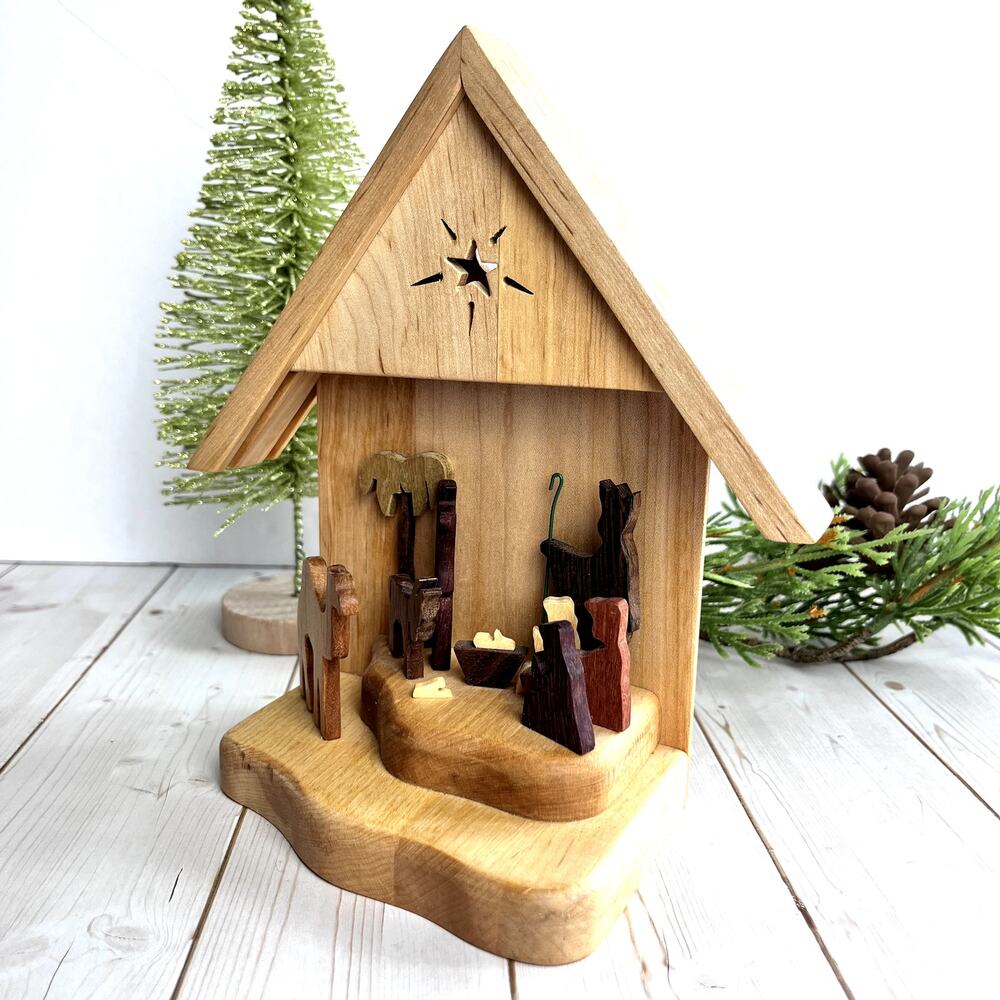 Vintage Handcrafted Wooden Nativity Scene Artist Signed Multi Tone Wood 7" Tall